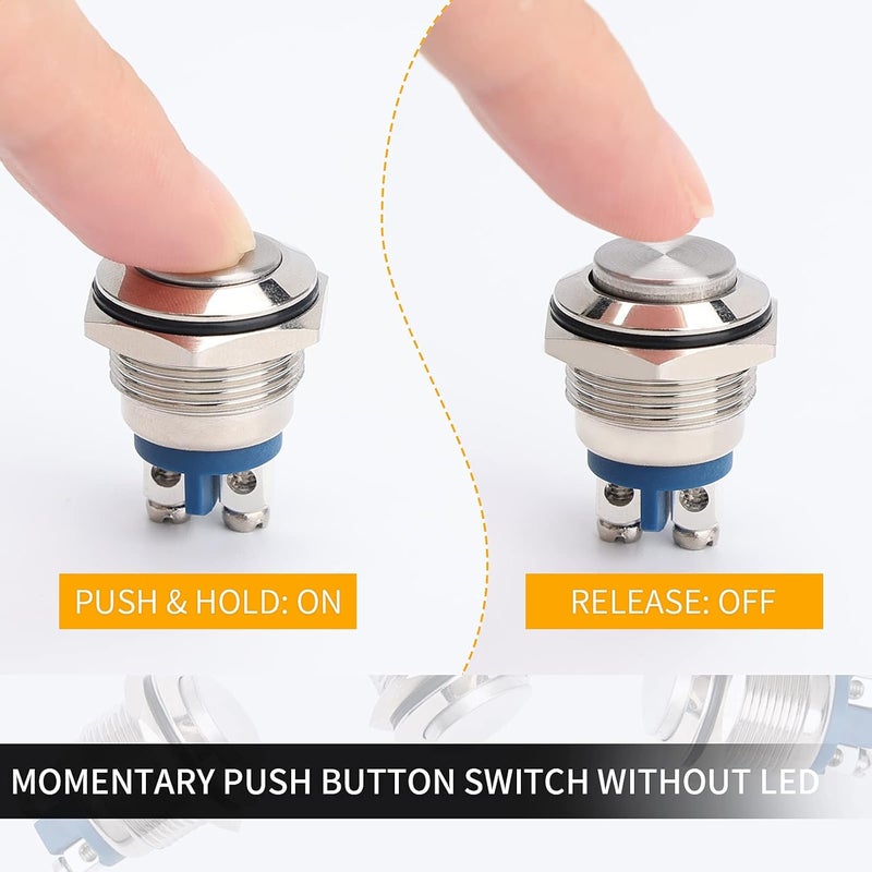 STARELO 5pcs 16mm Momentary Push Button Switch Sliver Shell, IP65 Waterproof Push Button Switch,Copper Shell 1 Normally Open without LED. - Image 4